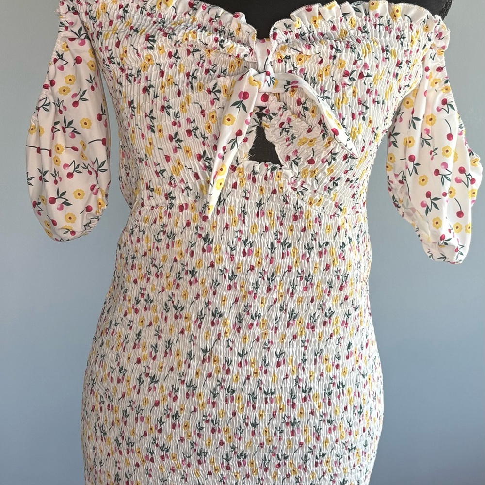 White Floral Smocked Strapless Mini Dress with Tie Front